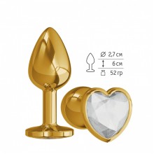 Небольшая золотая анальная втулка с прозрачным кристаллом в виде сердца Джага